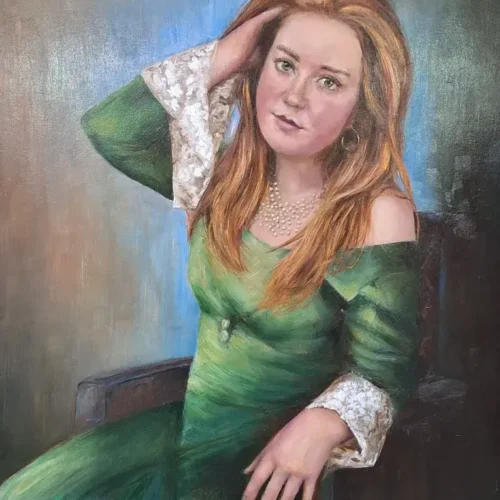 Olieverf Portret van Antje met een groene jurk op hout